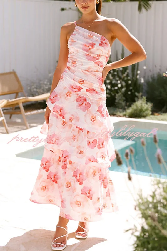 Gorgeous Glamour Collection Romantic Season Flower Print One Shoulder Ruched Tiered Maxi Dress