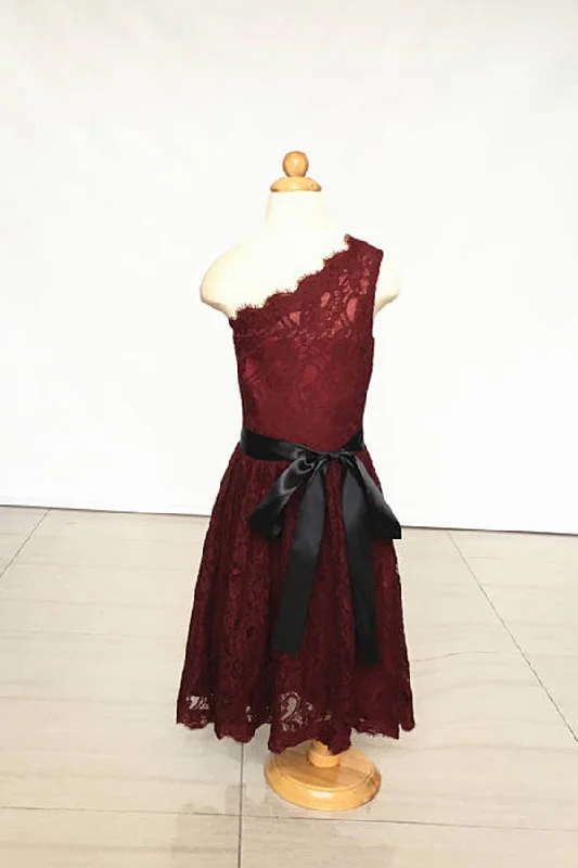 Women’s Casual Dresses A Line One-shoulder Burgundy Lace Dresses for Girls and Baby Flower Girl Dresses with Sash F031