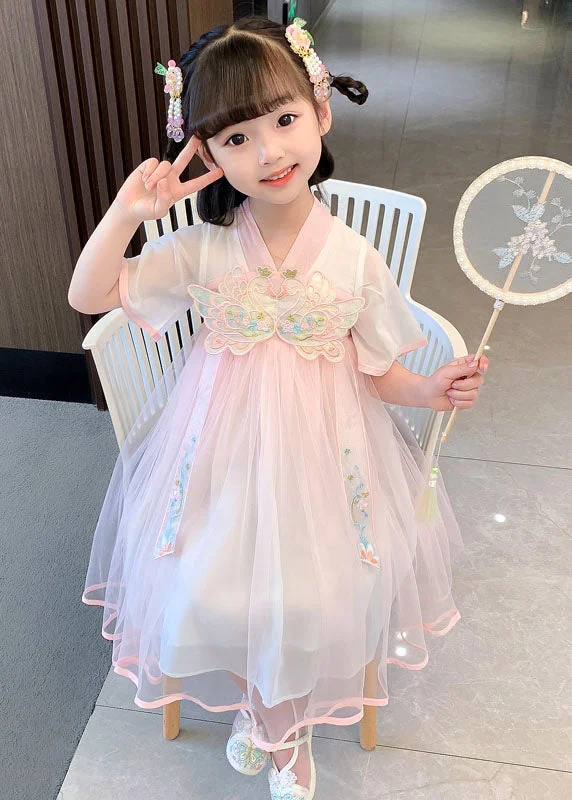 Versatile Style Wardrobe Cute Pink Embroideried Wrinkled Patchwork Tulle Baby Girls Dress Summer