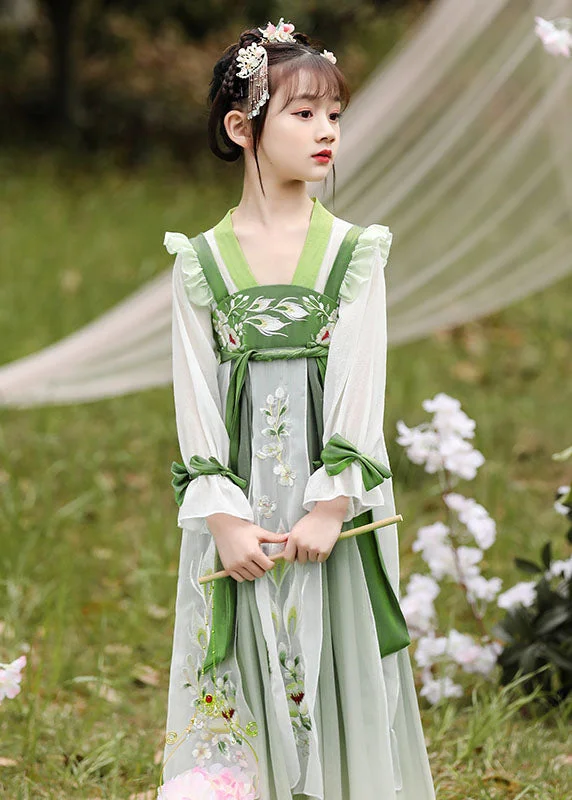 Snag Fabulous Fashion Bargains Boutique Green Ruffled Embroideried Patchwork Chiffon Kids Girls Dress Long Sleeve