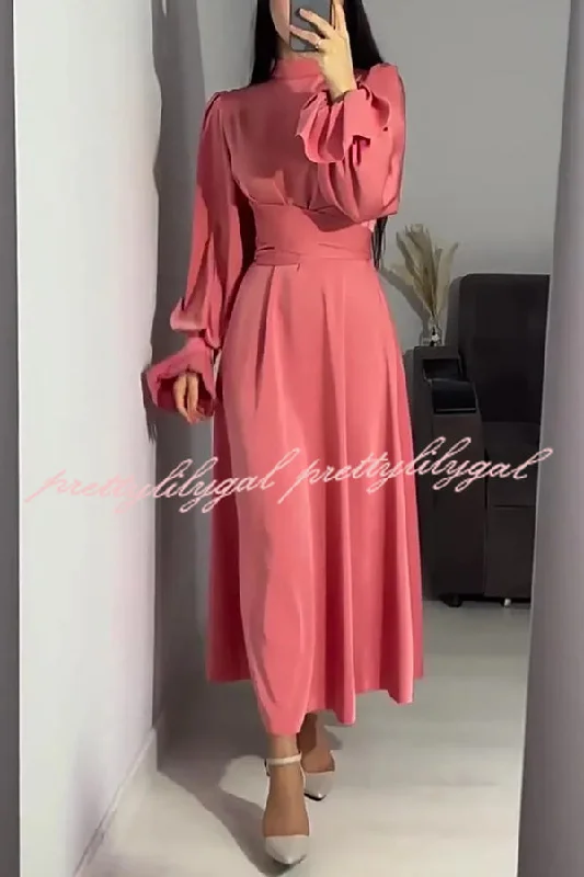 Trendy Street Style Solid Color Ruffled Sleeves Waisted Tie Slim Fit Maxi Dress