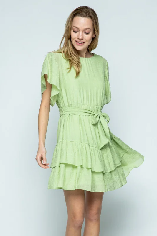 Flash Sale Now JADE LIME ROUND NECK RUFFLED SLEEVES AND HEM MINI DRESS MDR8251