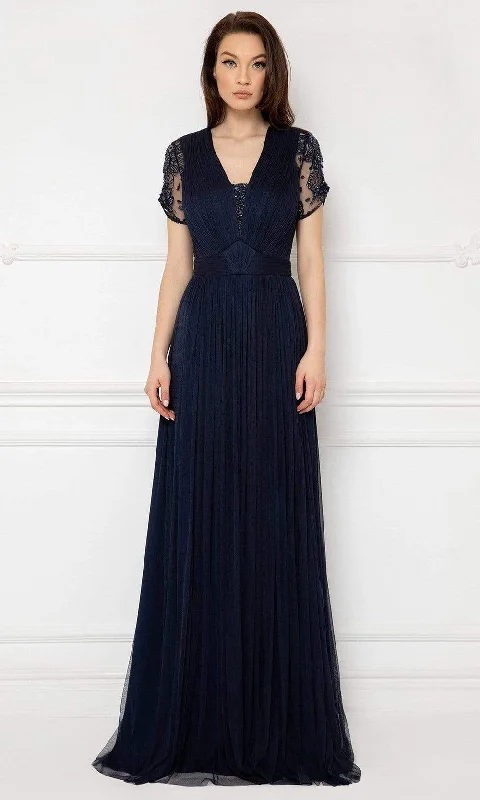 Women Wear Online Cristallini - Sheer Short Sleeves Pleated Evening Gown SKA991 - 1 pc Navy In Size 3XL Available