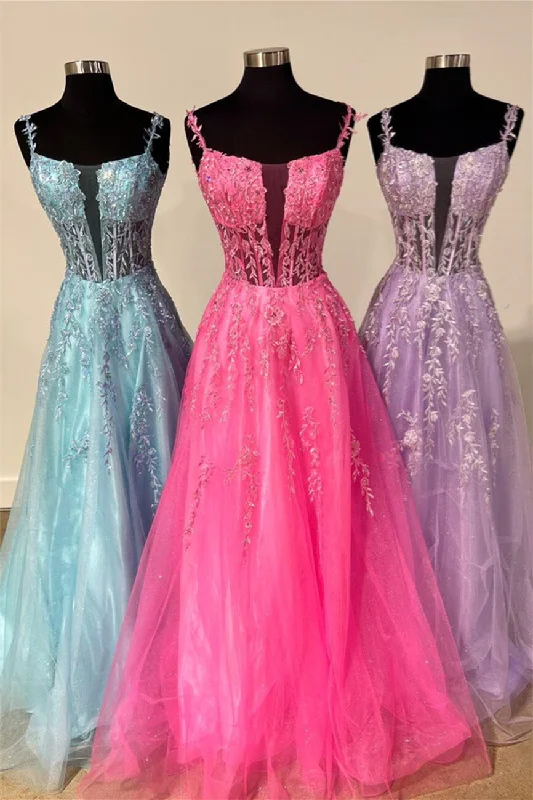 Chic Outfits Hot Pink Floral Straps Appliques A-line Long Prom Dress