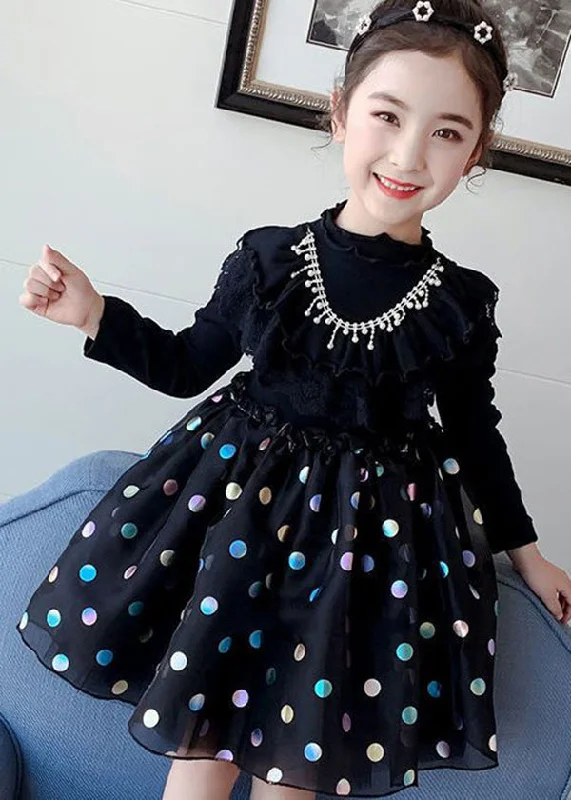 Huge Markdowns Cute Black Print Ruffled Tulle Patchwork Cotton Baby Girls Dress Fall