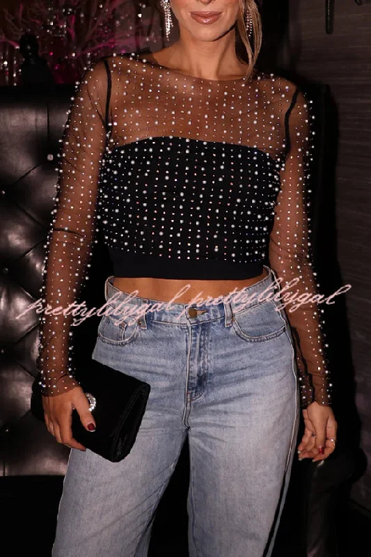 Mega Sale Party Princess Mesh Pearls and Rhinestones Detail Long Sleeve Sheer Top