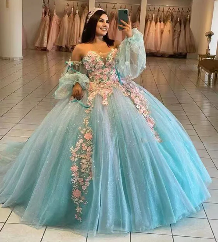 Premium Fashion Glitter Sweetheart Princess Prom Party Dresses Quinceanera Dress 3D Flowers Ball Gown Sweet 15 16 Dress For Girls