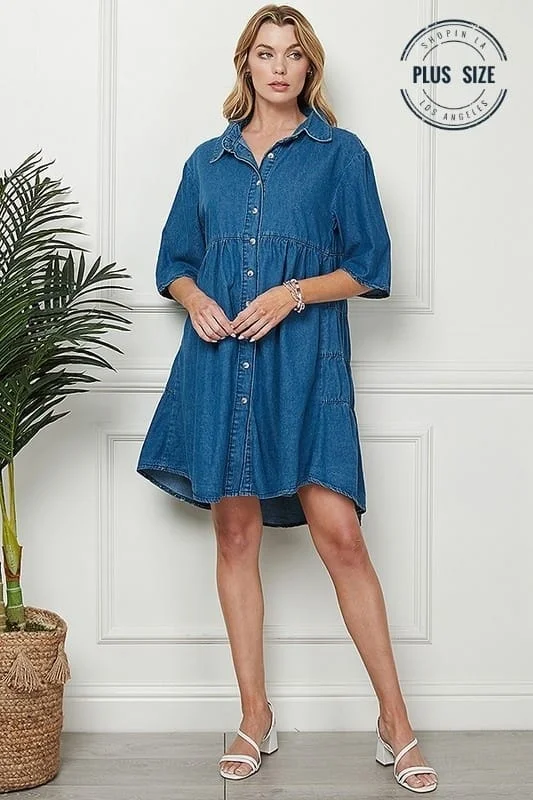 Trendy Women’s Fashion DENIM BLUE SHORT SLEEVES TURN DOWN COLLAR BUTTONED PLUS SIZE MINI DRESS CSP9216P