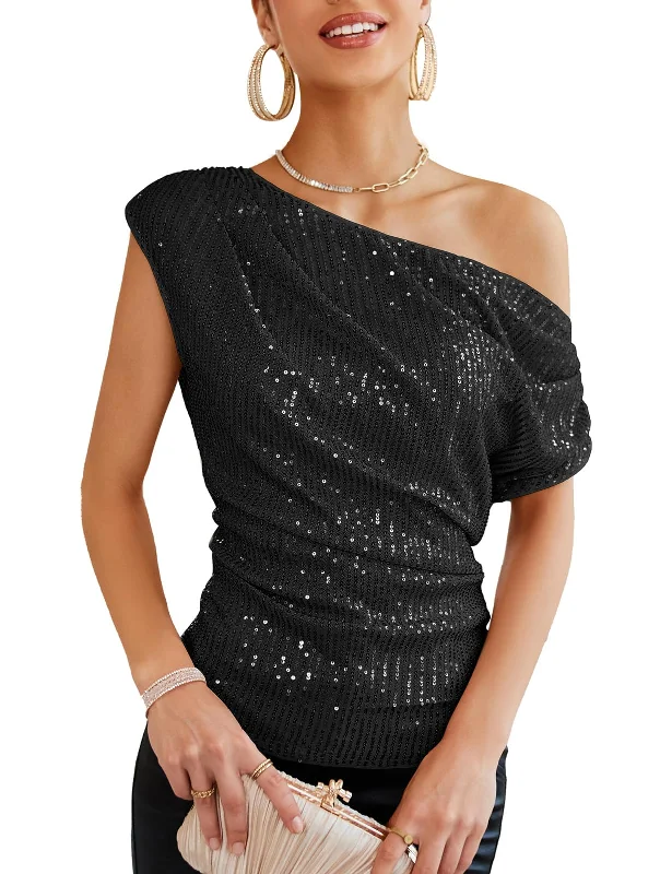 Unique Women’s Fashion Pieces Ruched Cold Shoulder Sequin Party Tops for Women 2024 Dressy Asymmetrical Sleeve Sparkle Tops Girls Fancy Glitter Shimmer Going Out Tops Black XL