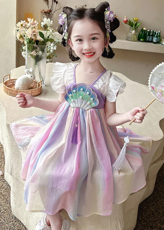 Comfortable Chic Cute Rainbow Ruffled Nail Bead Patchwork Chiffon Baby Girls Dress Summer