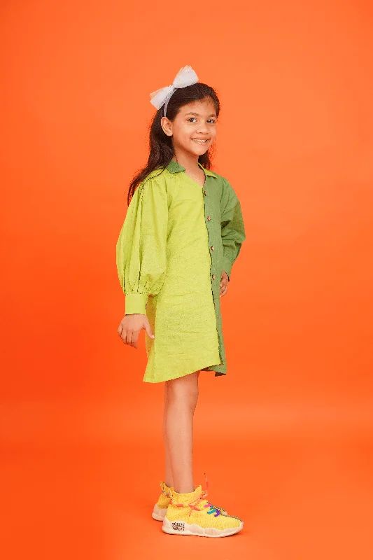 Laid-Back Elegance Girls Pure Cotton Green color block Dress with collar