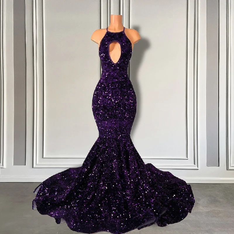 Day To Night Styles Sexy Mermaid Style Real Sample Cut Out Sparkly Purple Sequined Black Girls Elegant Long Prom Dresses Women