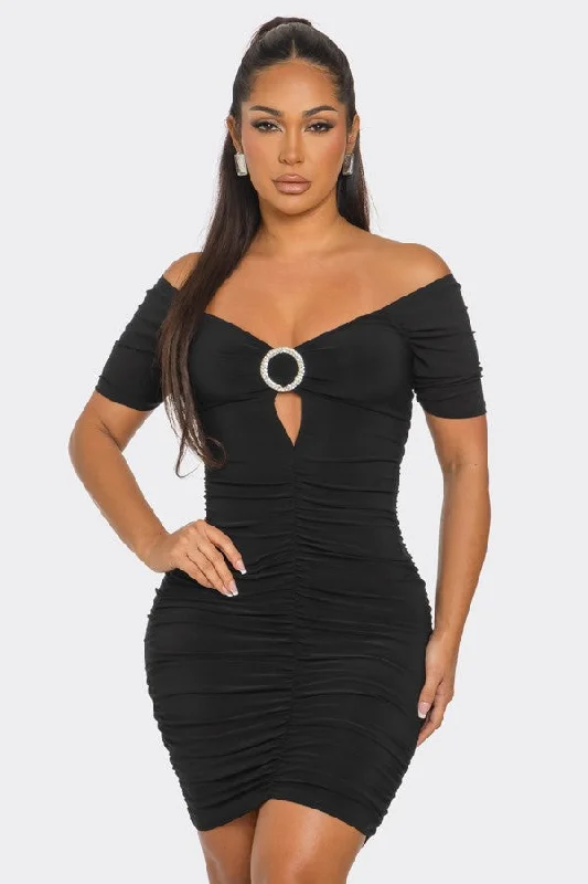 Vintage Women’s Fashion BLACK O-RING CUTOUT HALF SLEEVES OFF-SHOULDER  MINI DRESS SP9659D