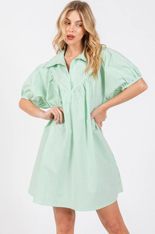 Crazy Discounts, Hurry Up GREEN STRIPED COLLARED PUFF SLEEVES MINI DRESS DLU51348STA