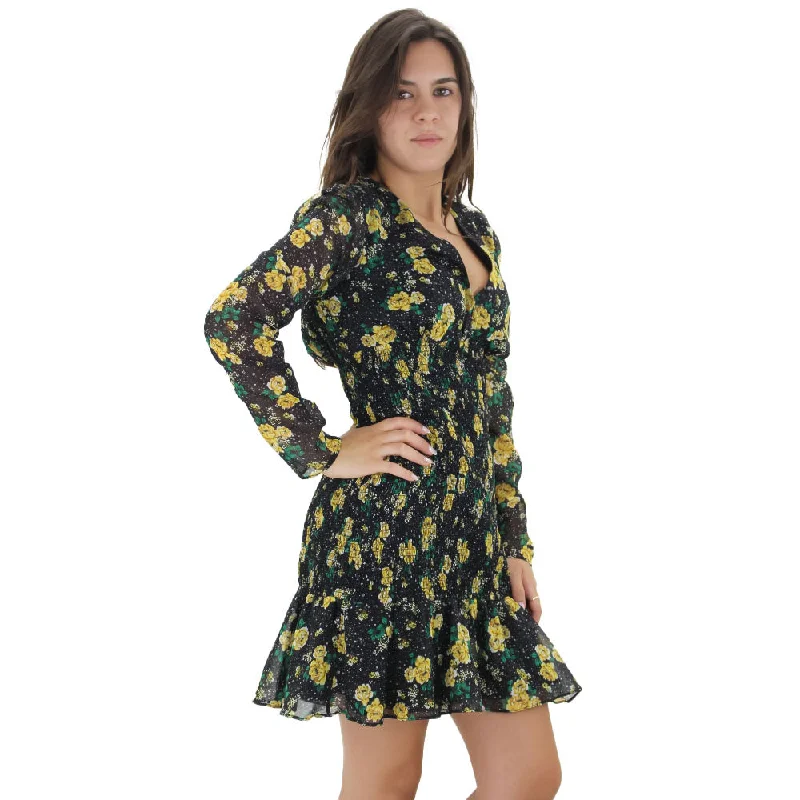 Stay Ahead In Style Women's Floral Smocked Chiffon Long Sleeve Dress,Black