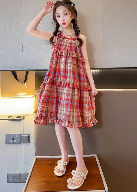 Insane Discount Onslaught Beautiful Red Slash Neck Ruffled Plaid Patchwork Girls Slip Long Dress Summer