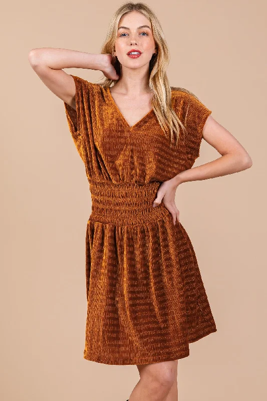 Fashion Sale CAMEL TEXTURED KNIT SMOCKING DETAILED MINI DRESS CFDLU51382SA