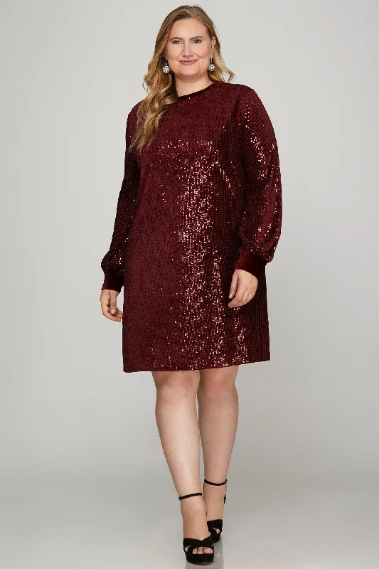 Feminine Dresses for Women in Bold Prints WINE SEQUIN ROUND NECK VELVET CONTRAST PLUS SIZE MINI DRESS SPSY7835