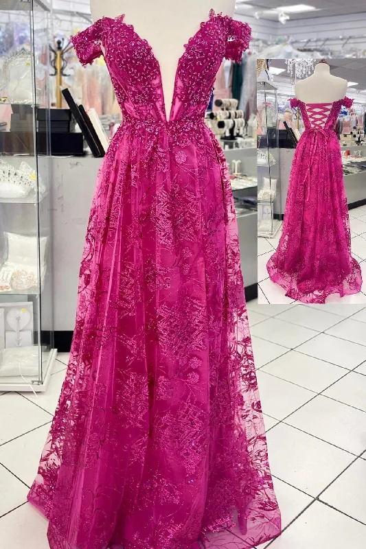 Fashion For Every Occasion Fuchsia Off-the-Shoukder Floral A-line Long Prom Dress