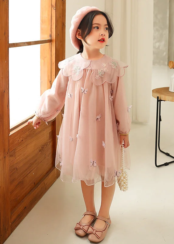 Discover Now Style Pink Peter Pan Collar Butterfly Patchwork Tulle Baby Girls Dress Fall