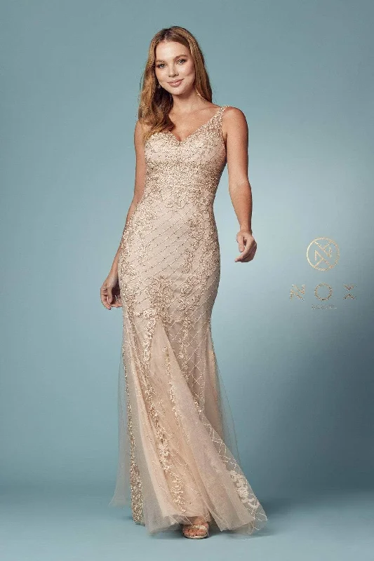 Holiday Gift Guide Sale Nox Anabel - Sleeveless V Neck Beaded Lace Applique Trumpet Gown A398