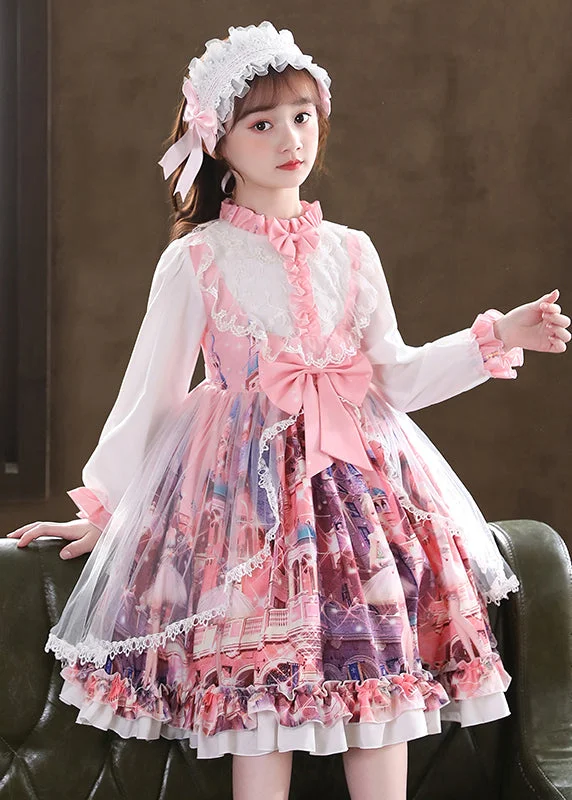 Women’s Trendy Outfits Lovely Pink Ruffled Print Bow Patchwork Tulle Kids Girls Dress Fall