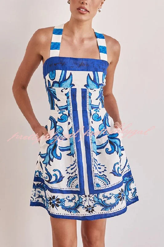 Chic & Cozy Collection Channeling Summer Linen Blend Unique Print Wide Strap Pocketed Mini Dress