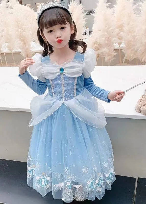 Unbeatable Prices Fine Blue Wrinkled Cartoon Patchwork Tulle Kids Girls Princess Dress Fall