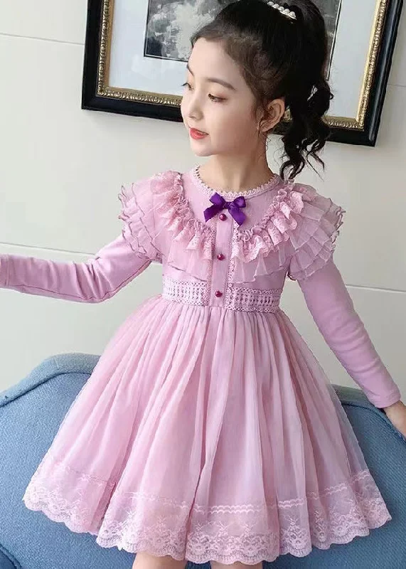 Bold and Elegant Women’s Fashion Style Pink Ruffled Lace Patchwork Warm Fleece Kids Girls Dresses Winter