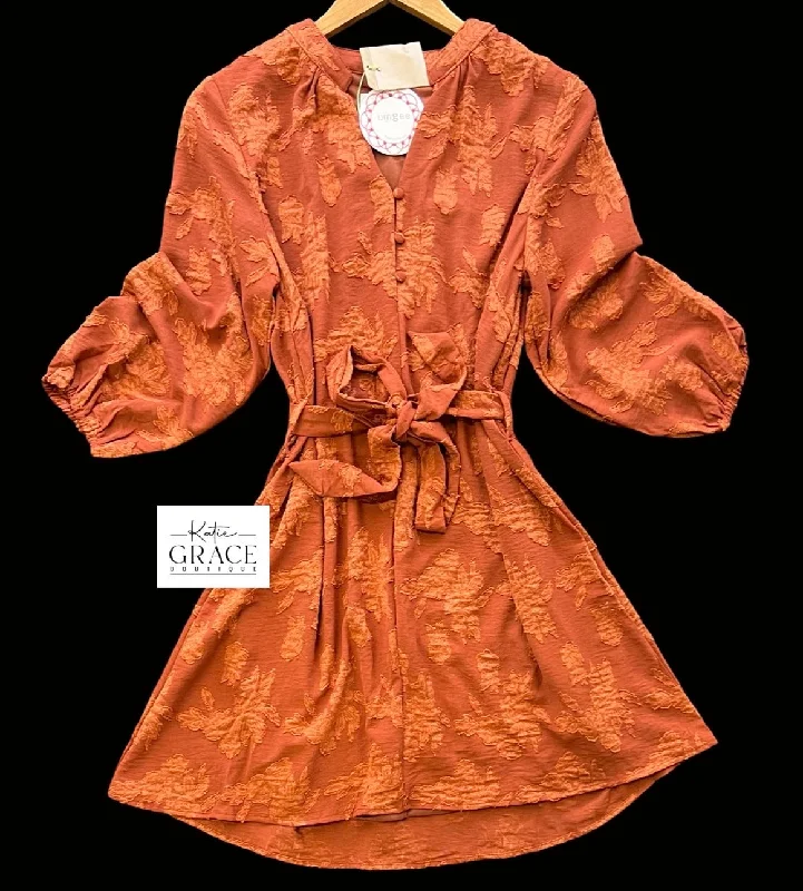 Unique Women’s Fashion Pieces "Joanna" Tonal Floral Dress, Rust