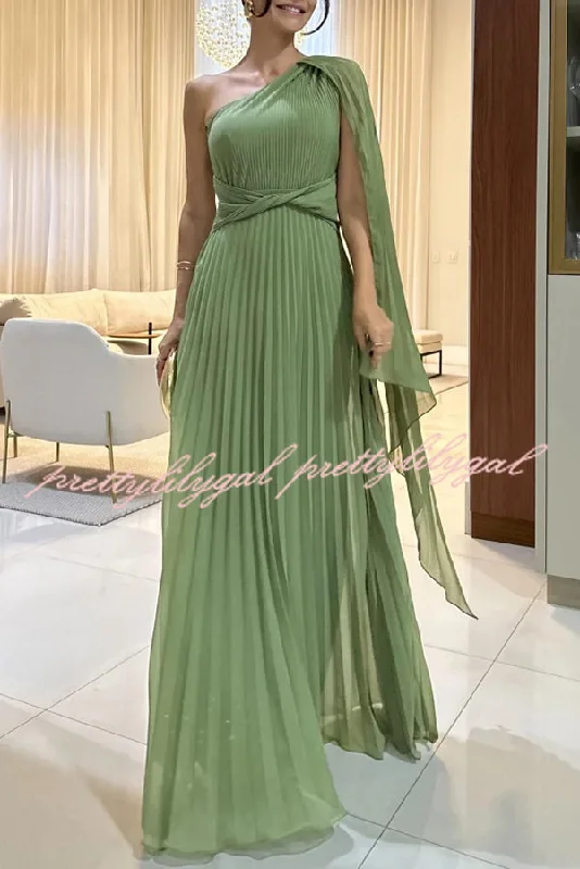 Elegant Clothing Kate Pleated One Shoulder Drape Sleeve Twist Waist Maxi Dress