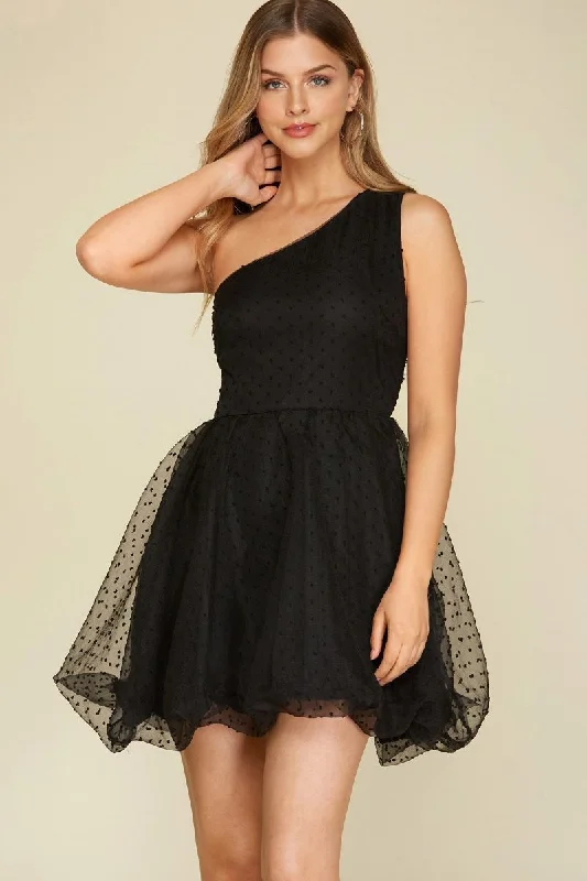 Affordable Women’s Fashion BLACK POLKADOT ORGANZA ONE SHOULDER BALLOON HEM MINI DRESS S12SY4596