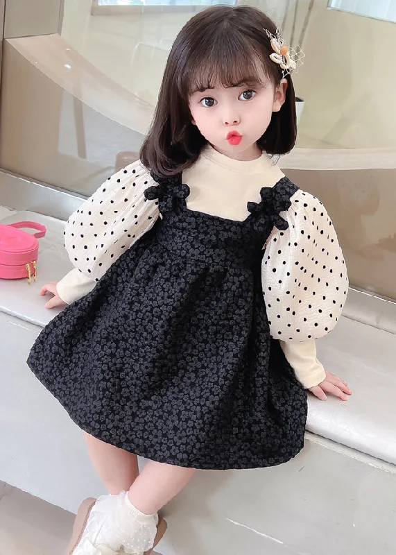 Travel Essentials Cute Black Dot Patchwork False Two Pieces Cotton Girls Dresses Lantern Sleeve