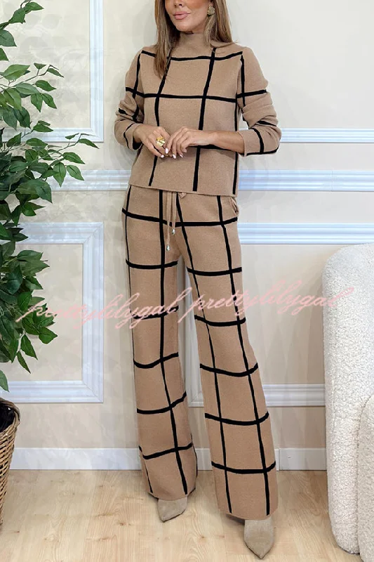 Unbeatable Prices Fashionable Plaid Turtleneck Long Sleeve Top and Elastic Waist Tie Pocket Pants Set