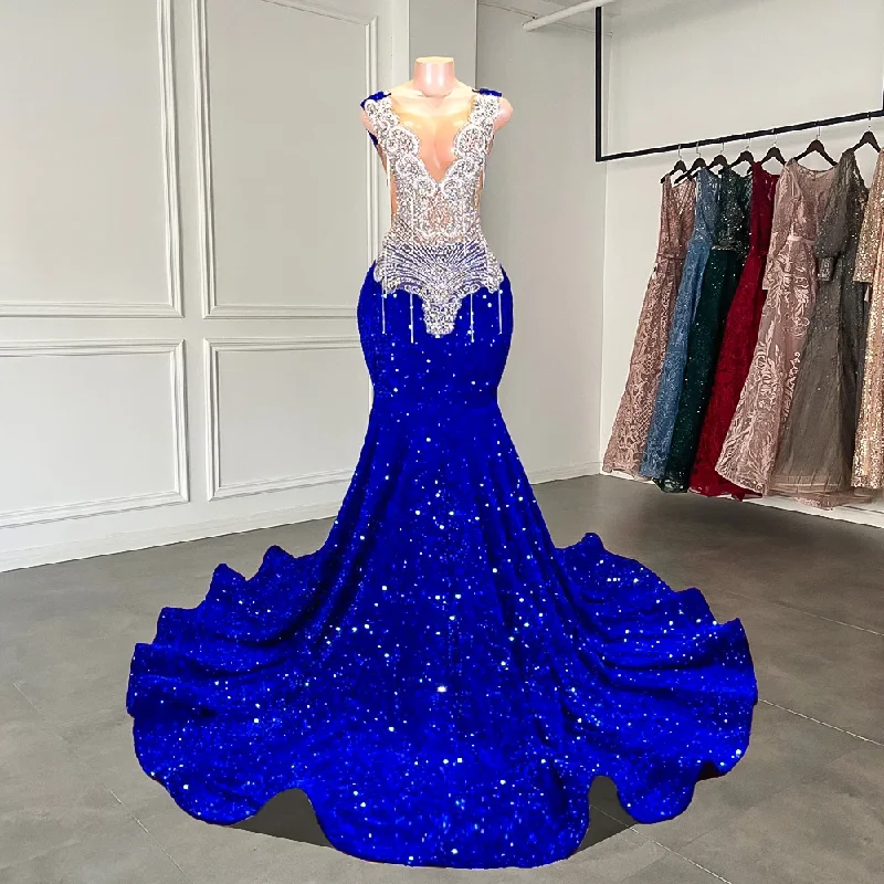 Wardrobe Upgrade Sexy Mermaid Style Sheer Top Luxury Sparkly Silver Crystals Diamond Black Girls Royal Blue Long Prom Dresses