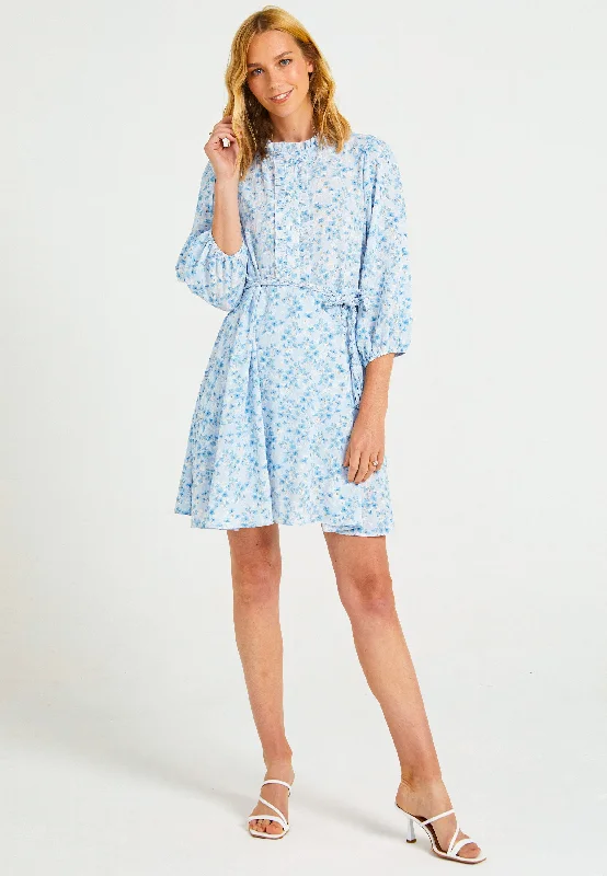 Trendy Boutique Online Buttoned Mini Summer Dress in Blue Ditsy Floral Print