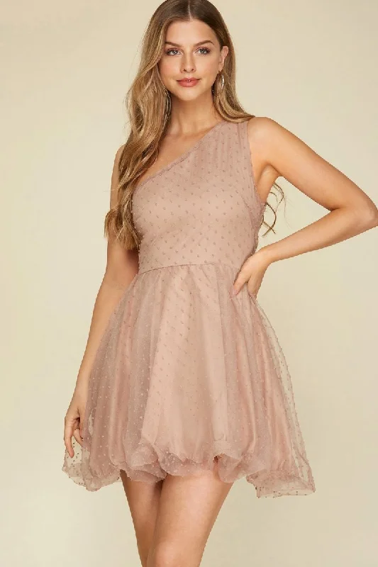 Chic Women’s Clothing Online TAUPE POLKADOT ORGANZA ONE SHOULDER BALLOON HEM MINI DRESS S12SY4596