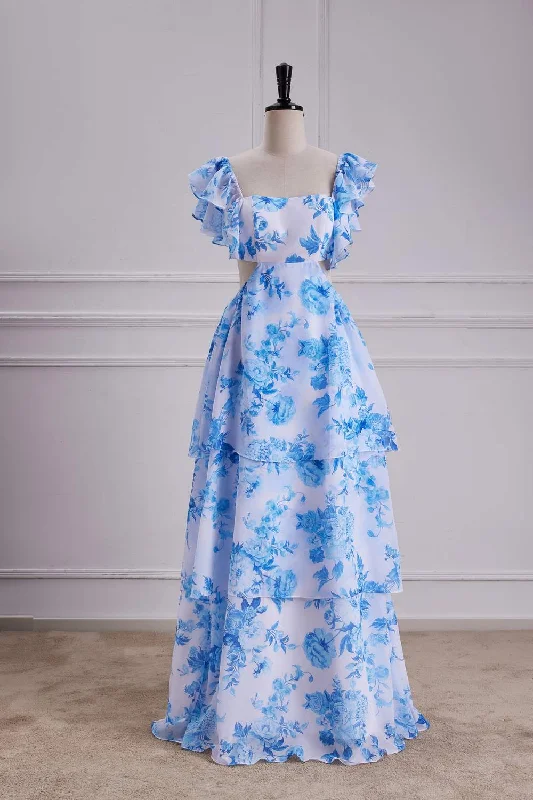 Fashion Sale Blue Floral Bow Tie Flutter Sleeves Layers A-line Long Bridesmaid Dress