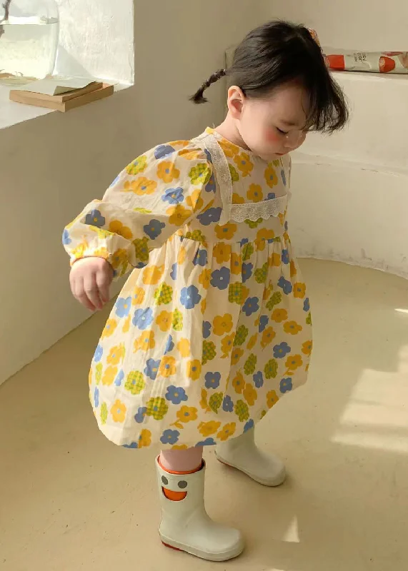 New Styles Just In Cute Yellow O Neck Print Cotton Kids Girls Robe Dresses Fall