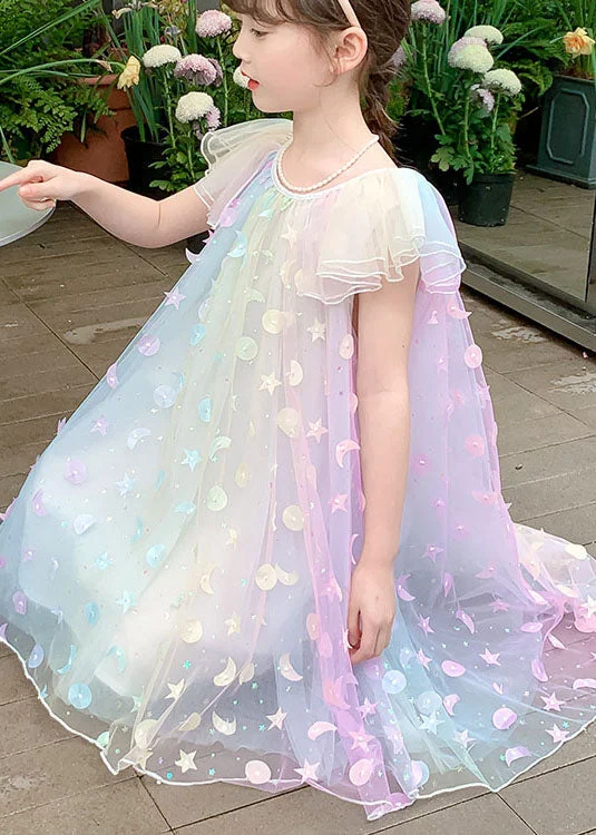 The Latest Fashion Trends Cute Rainbow Sequins Wrinkled Patchwork Tulle Kids Girls Princess Dress Summer