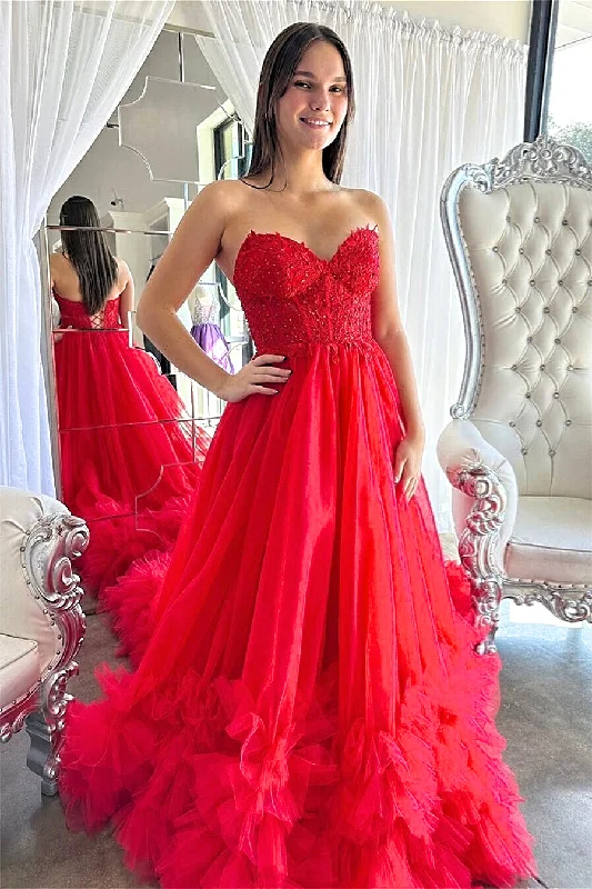 Stylish Looks Red Floral Strapless A-line Ruffle Layers Long Prom Dress