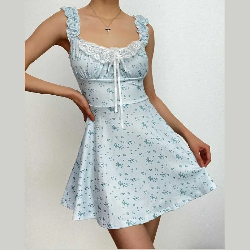 Elegant Styles Cap sleeve lace hem ruched flower print contrast mini dress