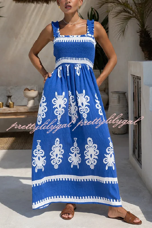 Style Breakthroughs National Boho Style Unique Print Smocked Bust Wide Strap Pocket Maxi Dress