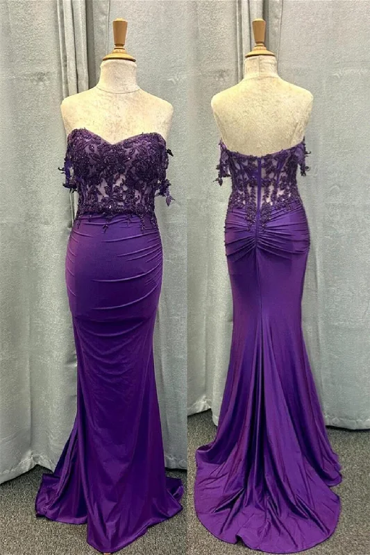 Chic Styles Purple Off-Shoulder Floral Mermaid Satin Long Prom Dress