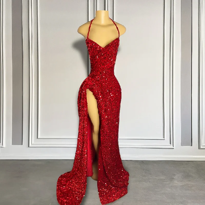 Latest Trends Real Sample Sexy High Slit Halter Sleeveless Sparkly Red Sequined Black Girls Long Prom Dresses