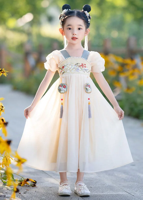 Chic And Trendy Simple Yellow Tasseled Embroideried Nail Bead Patchwork Baby Girls Dress Summer