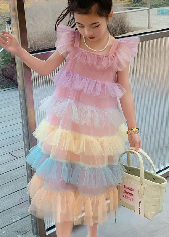 Odd Size Clearance Sale Unique Pink Ruffled Layered Patchwork Tulle Baby Girls Dress Sleeveless