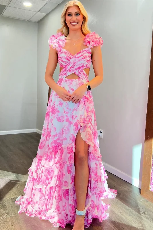 End Of Season Clearance Sexy Pink Floral Cutouts A-line Ruffle Long Dress