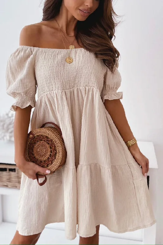 Comfortable Women’s Outfits Enchanted Off The Shoulder Smocked Loose Dress