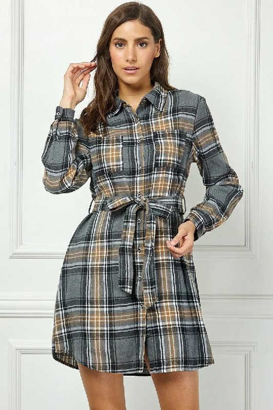 Relaxed Fit Women’s Fashion BLACK PLAID FLANNEL LONG SLEEVES BUTTON FRONT MINI DRESS AVD51580K